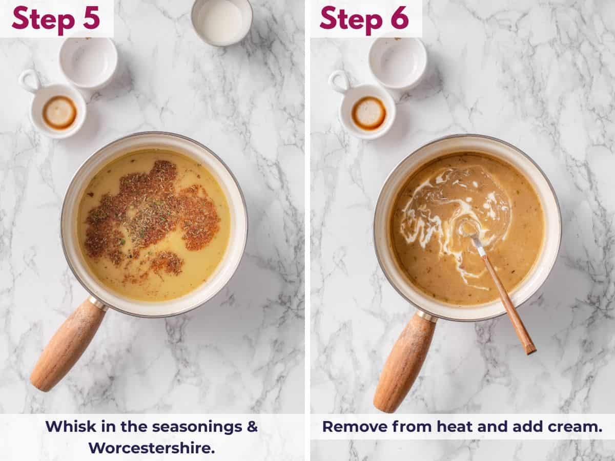 Whisking in seasonings and Worcestershire sauce, then removing the gravy from heat and stirring in cream for a smooth finish