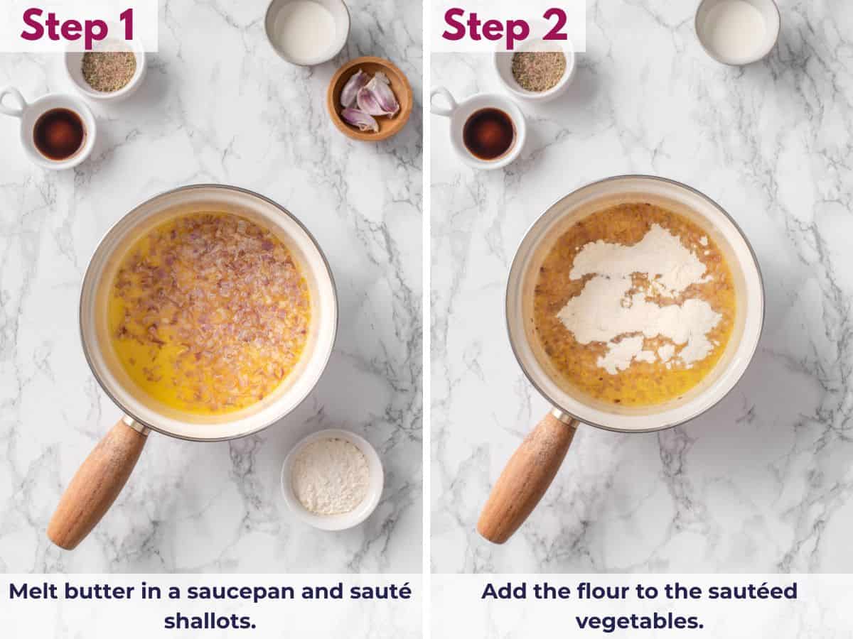 Melting butter in a saucepan to saut&eacute; shallots, then stirring in flour to begin making the gravy roux