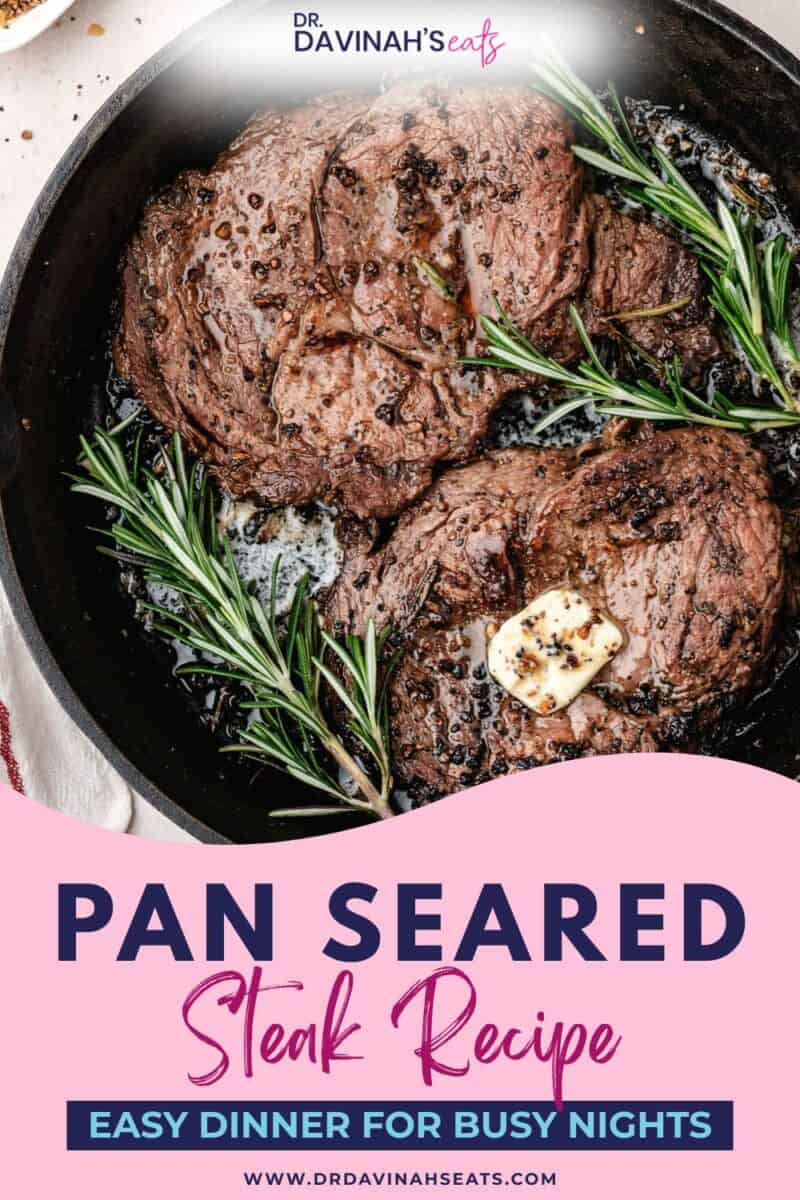 Juicy cast iron steak seared and basted with garlic rosemary butter