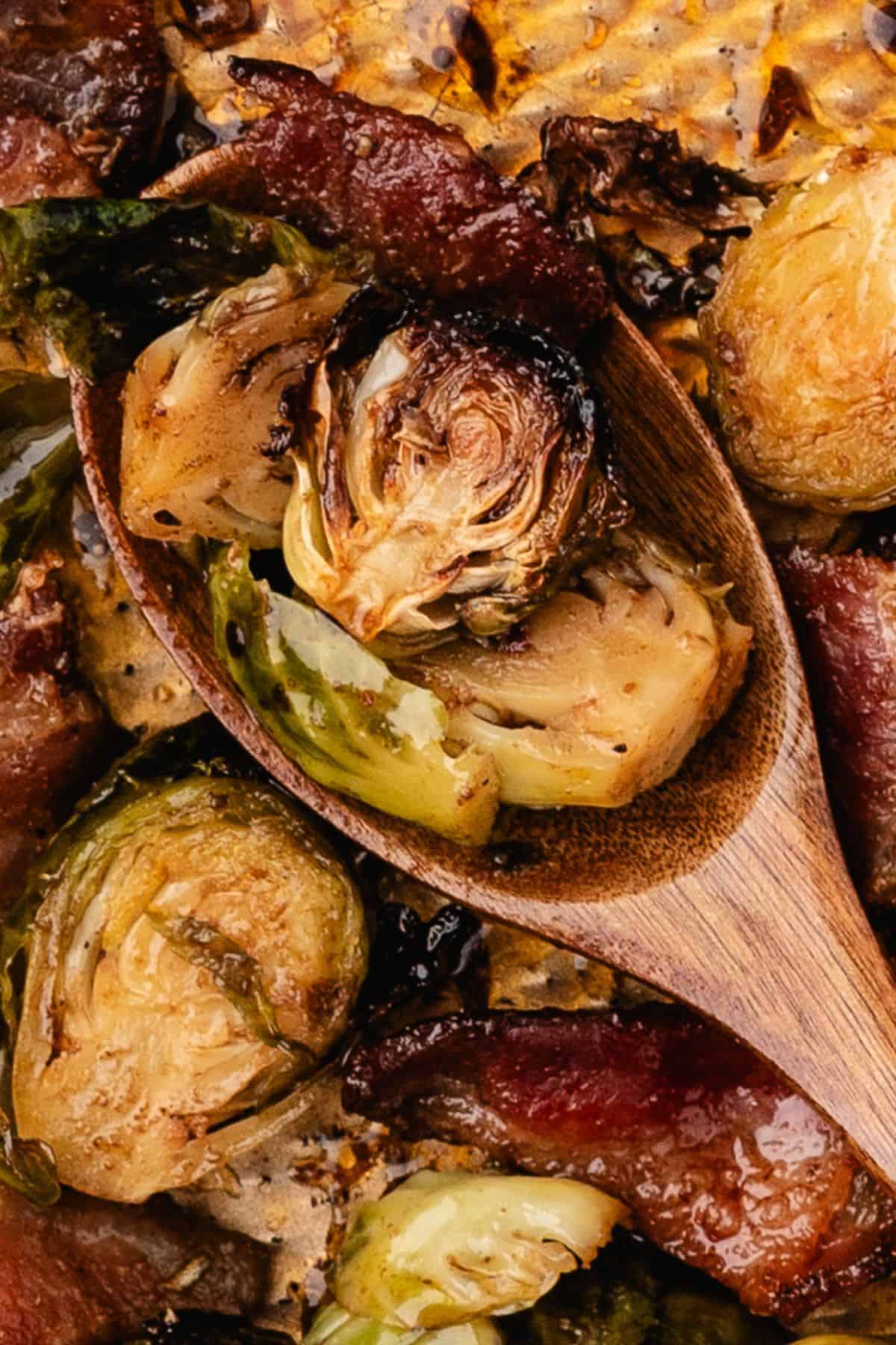 Roasted Brussels sprouts with bacon baked until crispy and caramelized