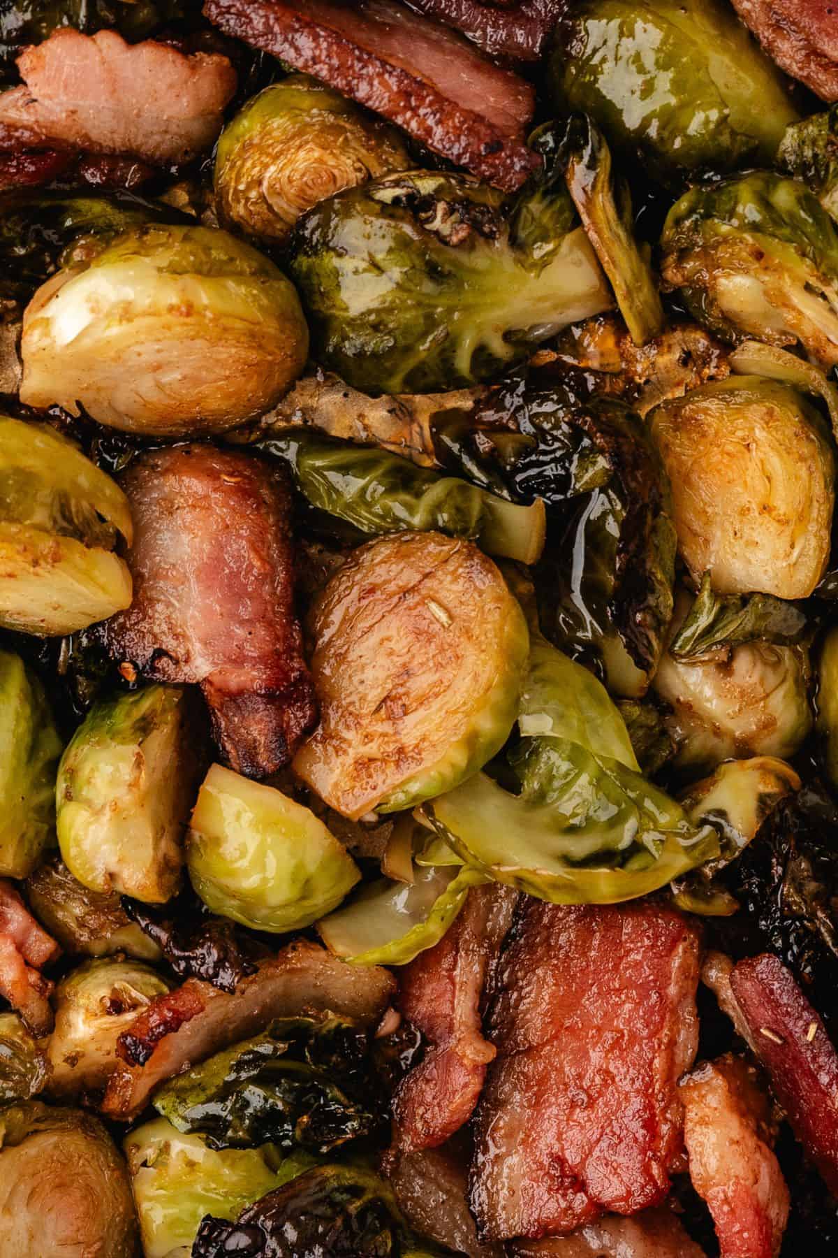 Brussels sprouts with bacon roasted with browned edges and crispy bacon