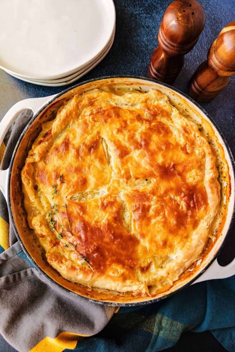 Creamy skillet chicken pot pie baked in a cast iron pan
