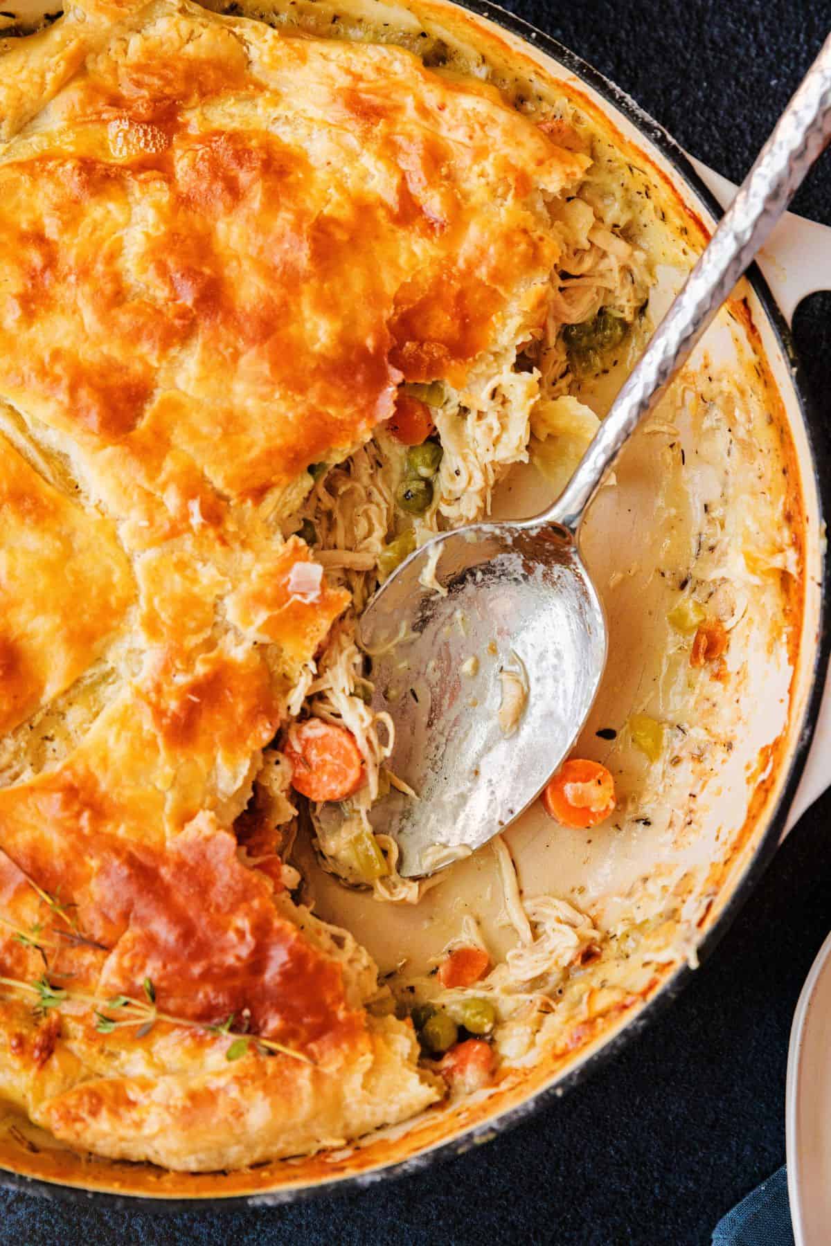 Skillet chicken pot pie with tender chicken and rich creamy sauce