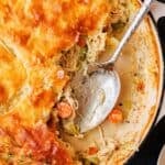 Skillet chicken pot pie recipe with flaky pie crust topping