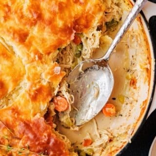 Skillet chicken pot pie recipe with flaky pie crust topping
