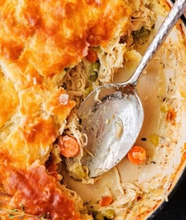 Skillet chicken pot pie recipe with flaky pie crust topping