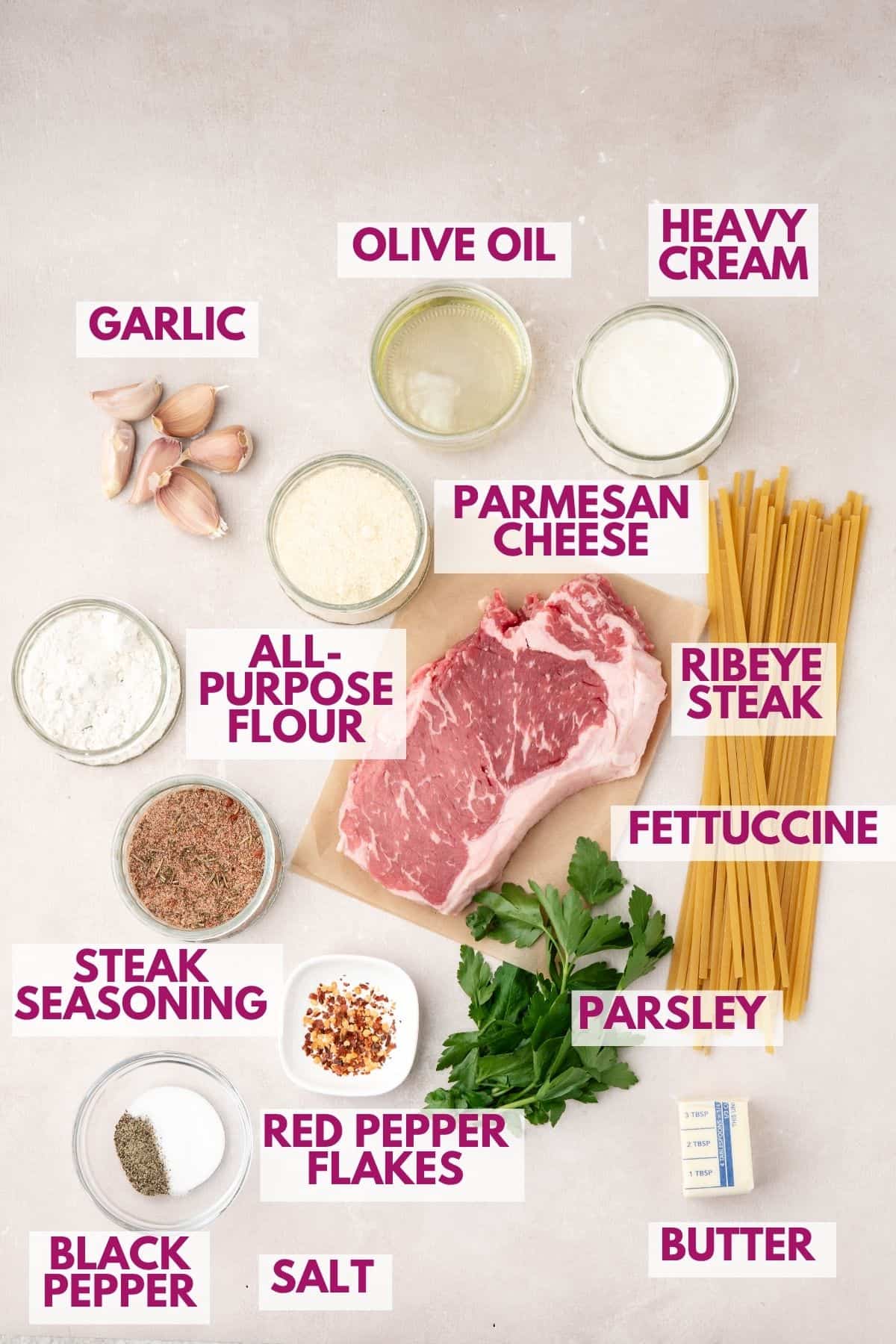 ingredients to make steak pasta