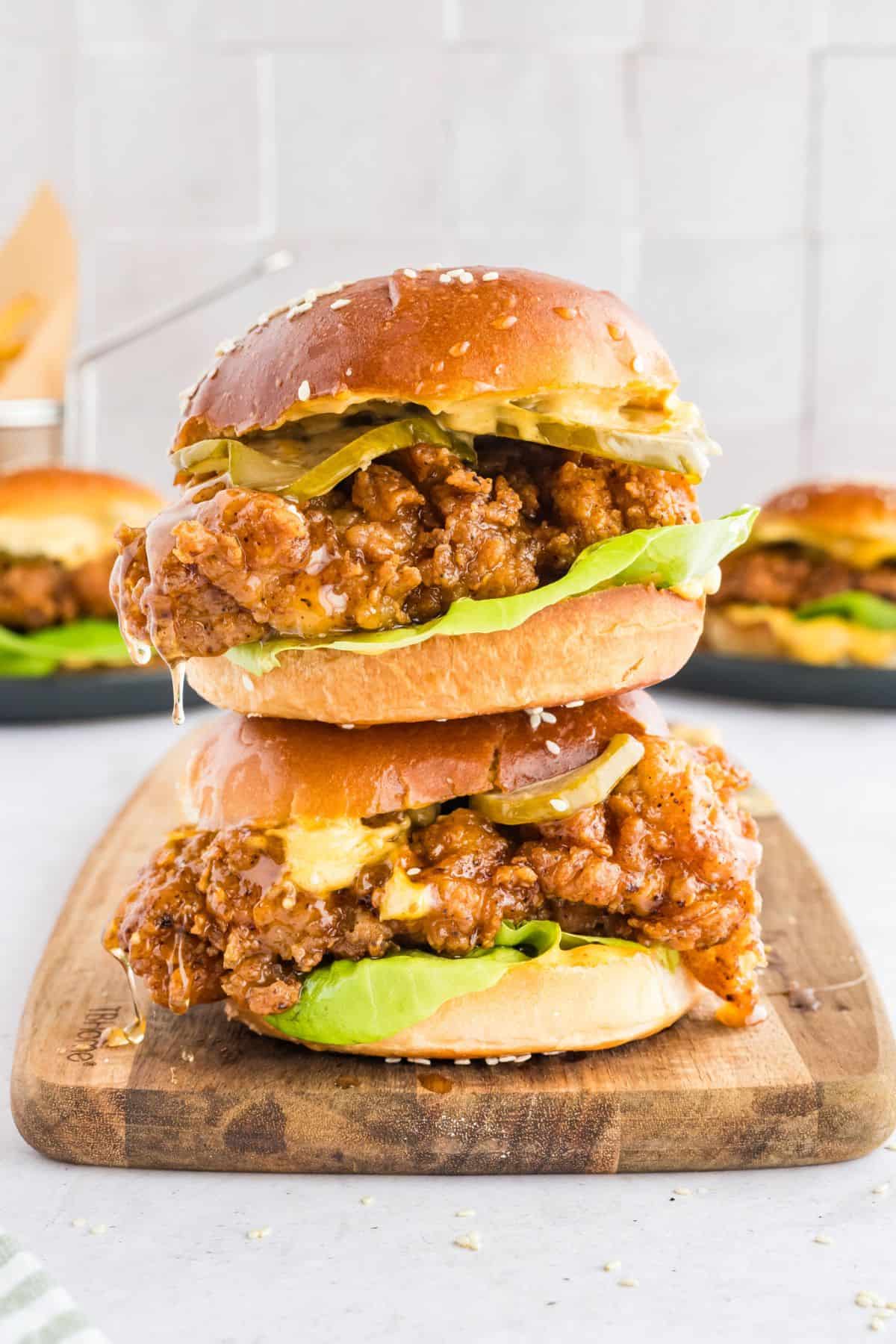 Fried chicken sandwich recipe with crispy golden chicken and hot honey