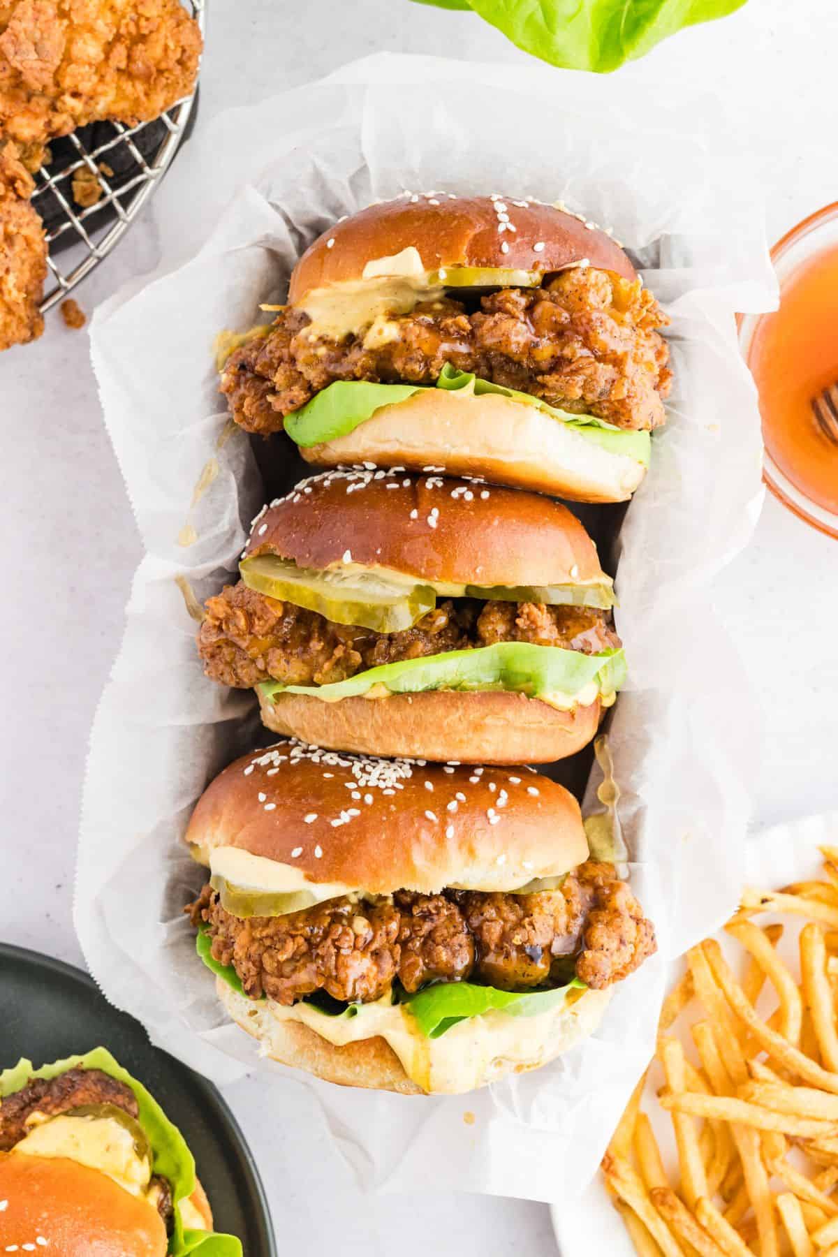 Fried chicken sandwiches with crunchy coating and juicy chicken