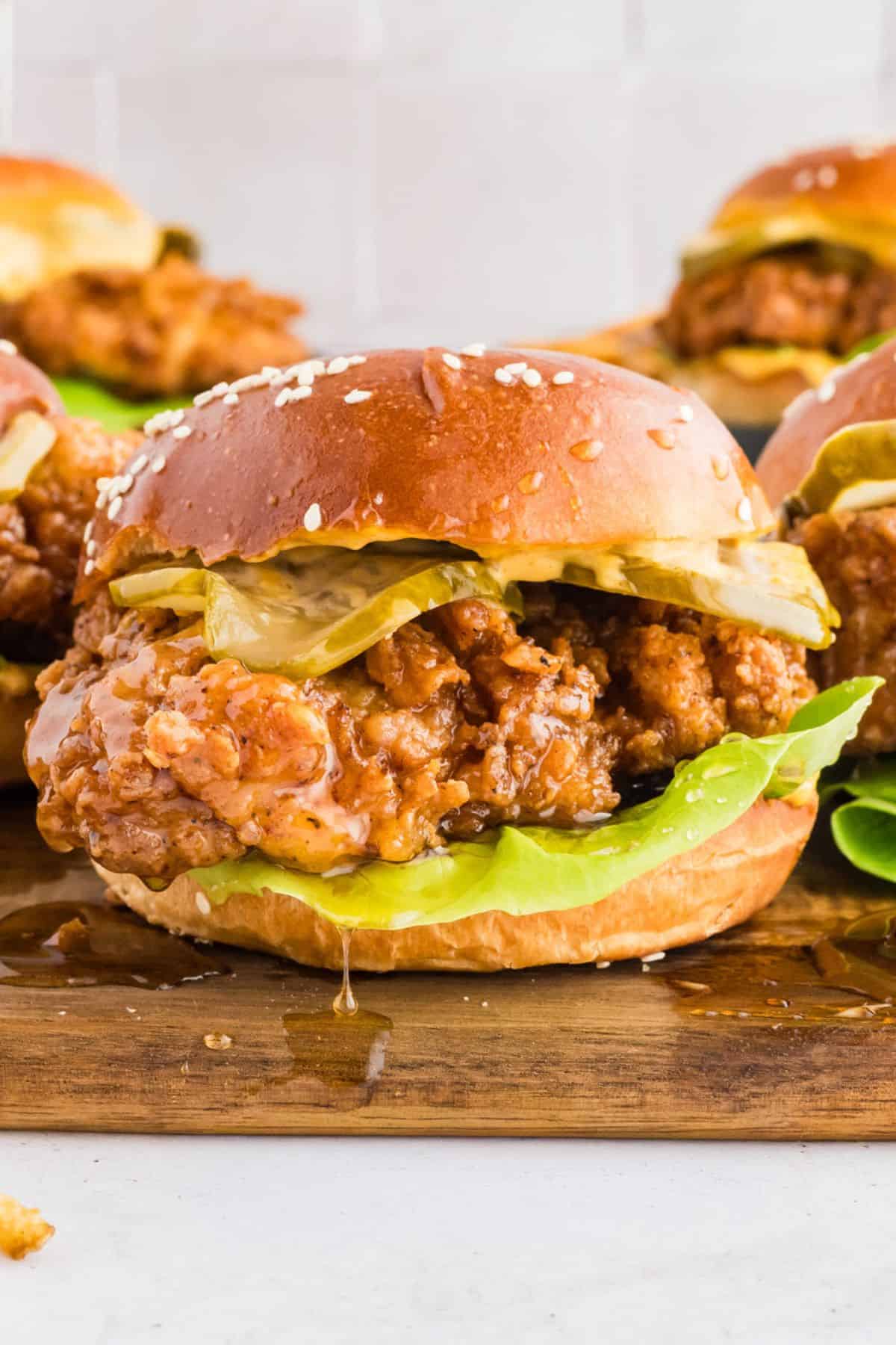 Buttermilk fried chicken sandwich with golden crispy crust