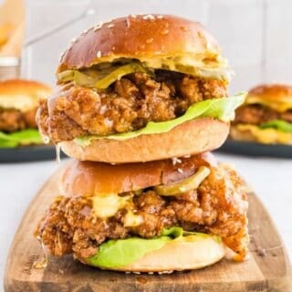 Hot honey fried chicken sandwich with crunchy coating and tender chicken