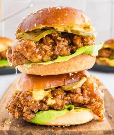 Hot honey fried chicken sandwich with crunchy coating and tender chicken