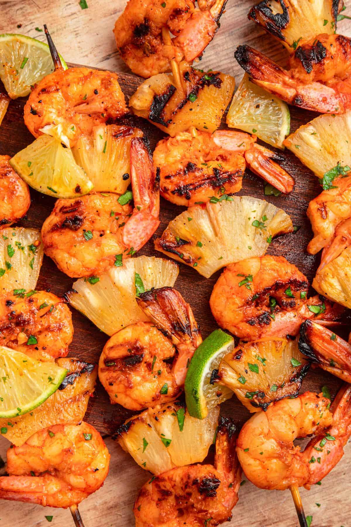 Grilled shrimp on skewers cooked until lightly charred and tender