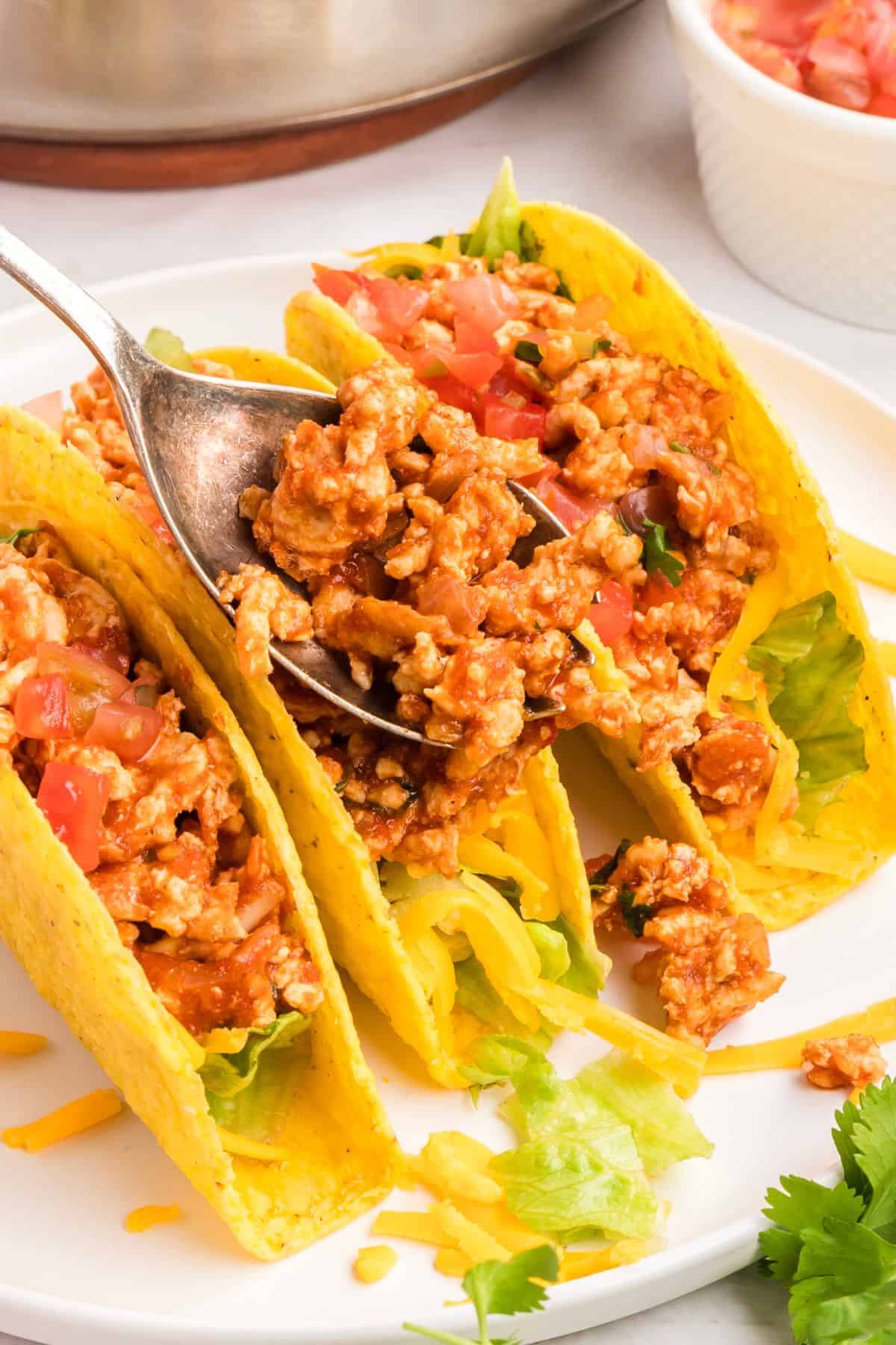 Tacos with ground chicken topped with pico de gallo and cheese