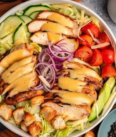 Fresh honey mustard chicken salad with creamy dressing and vegetables