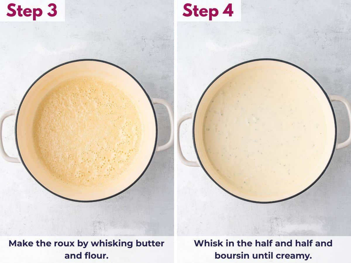 Whisking butter and flour into a roux, then adding half-and-half and Boursin cheese until the sauce is smooth and creamy