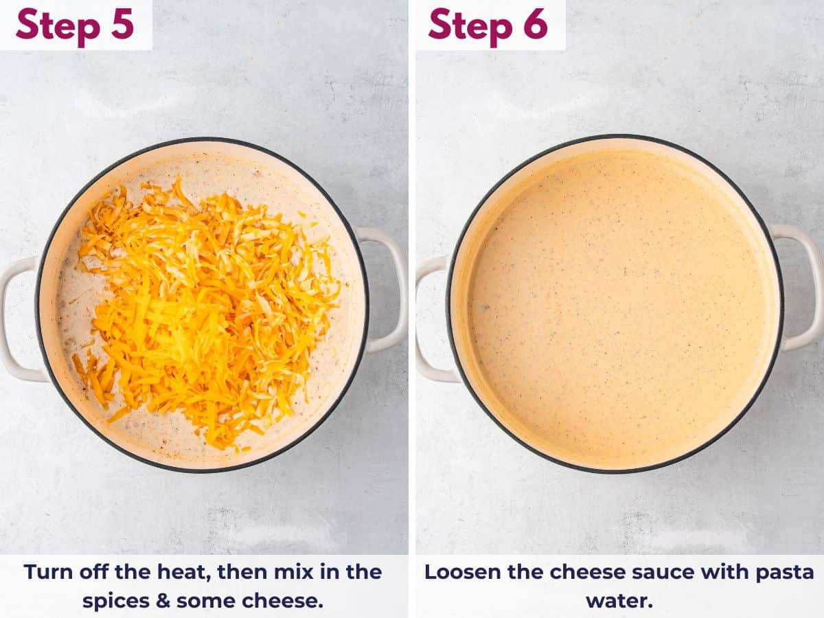 Turning off the heat, then stirring in the spices and cheese before adding reserved pasta water to loosen the creamy cheese sauce