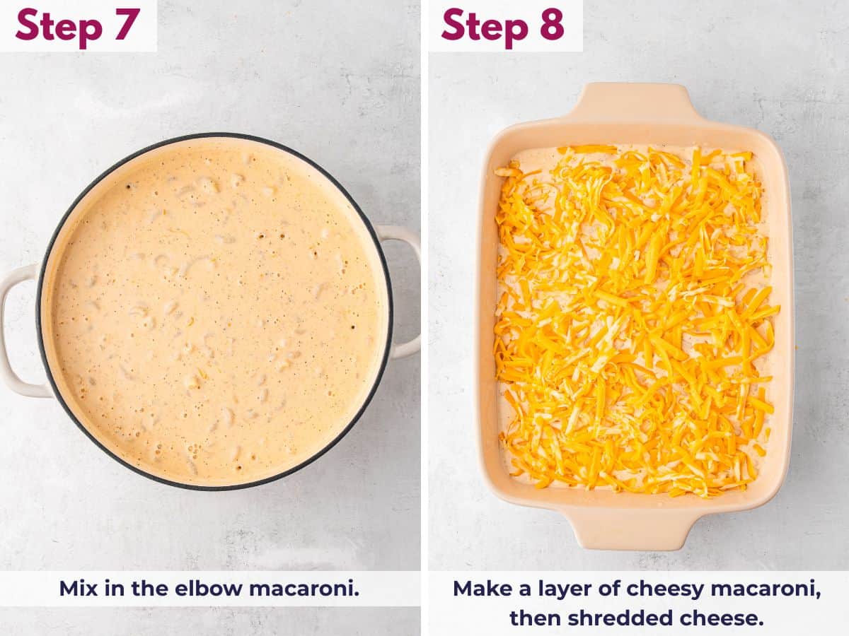 Mixing the elbow macaroni into the cheese sauce, then layering the cheesy pasta with shredded cheese before baking