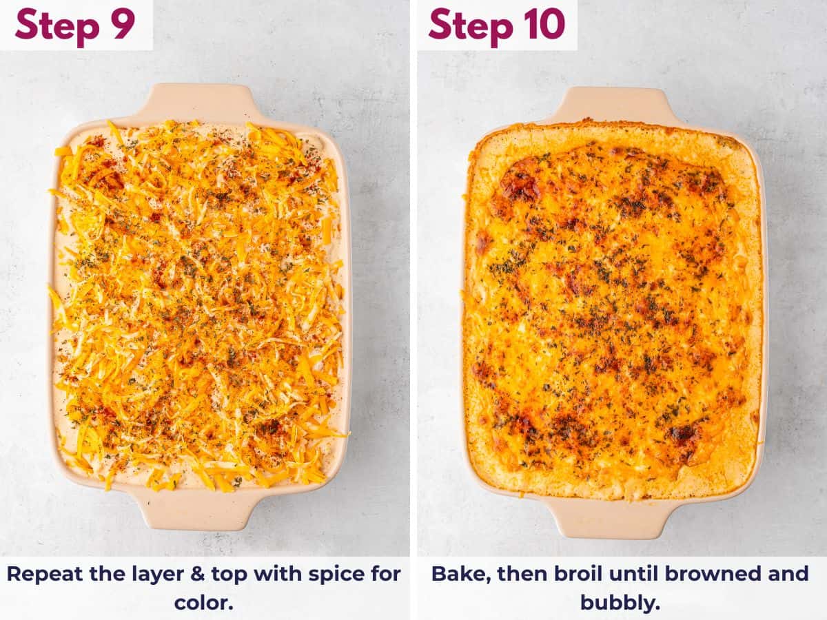 Repeating the macaroni and cheese layers, topping with seasoning for color, then baking and broiling until the cheese is browned, bubbly, and crisp on top