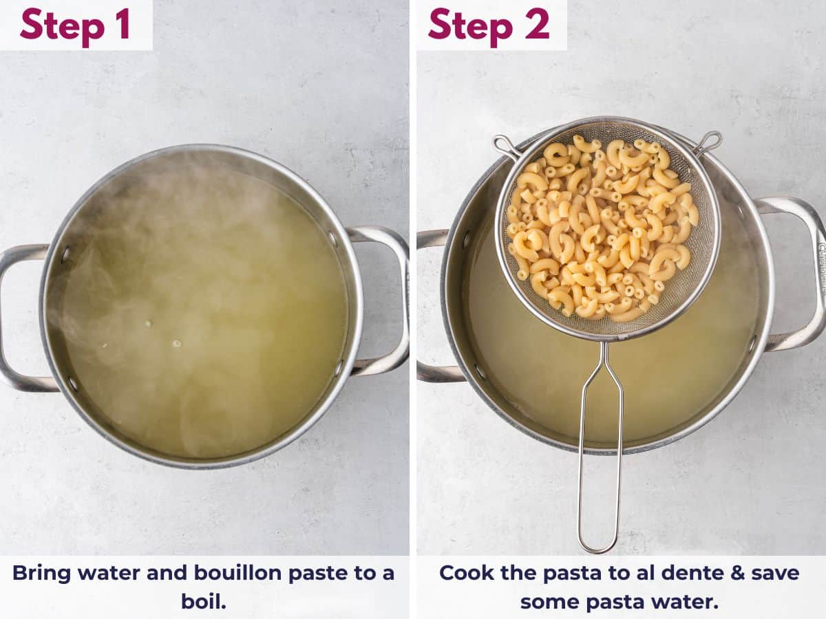 Bringing water and bouillon paste to a boil, then cooking the pasta until al dente and reserving some pasta water for the cheese sauce