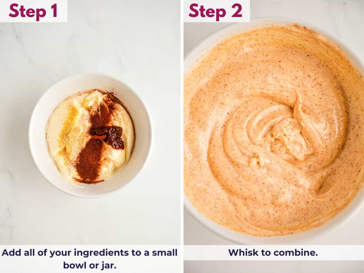 Adding all of the chipotle mayo ingredients to a small bowl, then whisking until smooth, creamy, and well combined