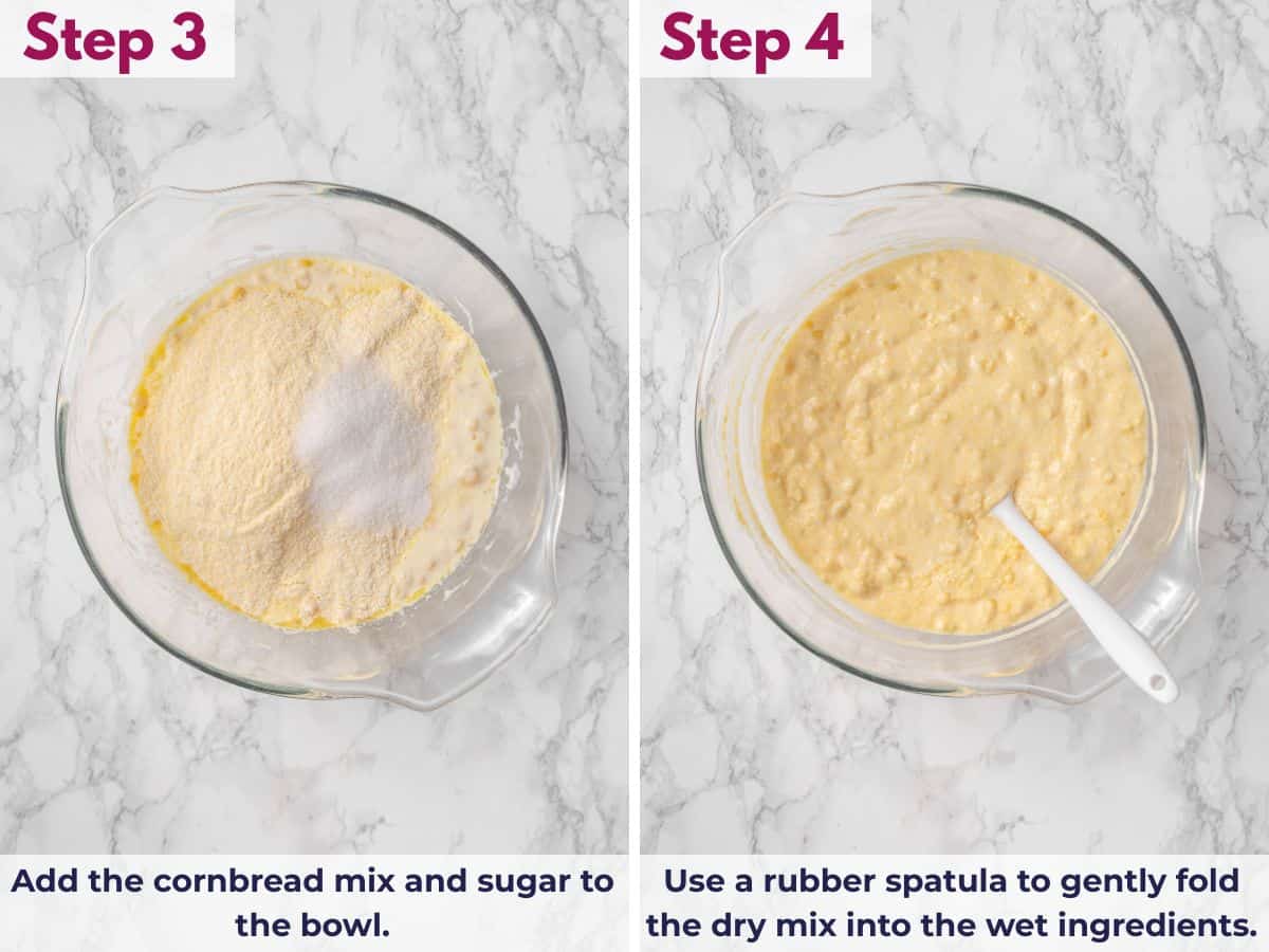 Adding the cornbread mix and sugar to the wet ingredients, then gently folding until just combined without overmixing