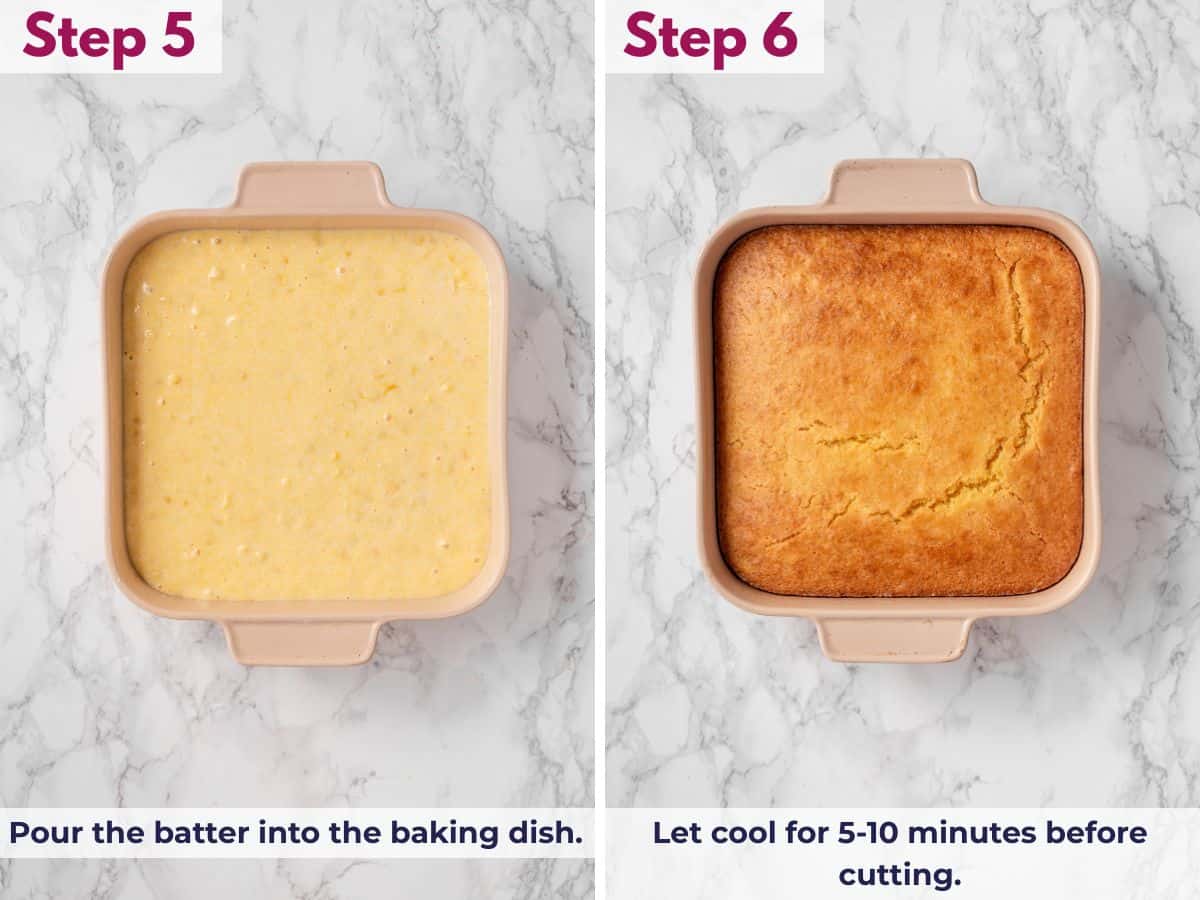 Pouring the cornbread casserole batter into a baking dish, baking until golden, and letting it cool briefly before slicing and serving