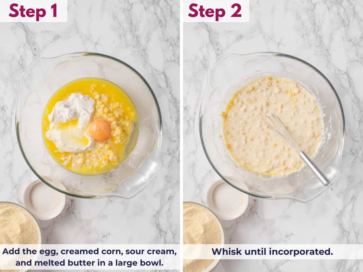 Adding the egg, creamed corn, sour cream, and melted butter to a large bowl, then whisking until smooth and fully combined