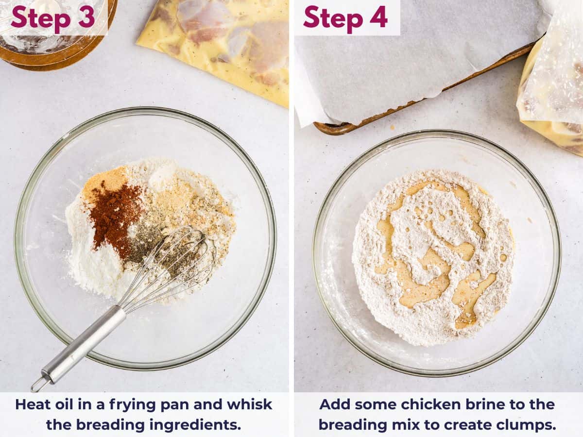Heating oil in a frying pan, whisking the breading ingredients, and adding a little chicken brine to create crispy coating clumps