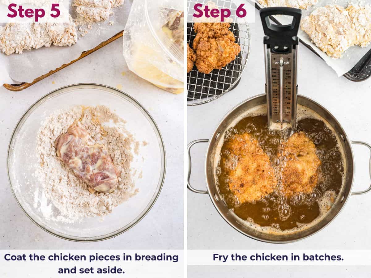 Coating the chicken pieces in the seasoned breading, then frying them in batches until crispy and golden brown
