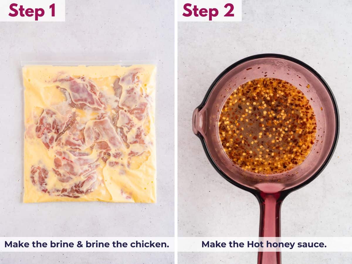 Preparing the buttermilk brine and soaking the chicken, then making the hot honey sauce for the fried chicken sandwich