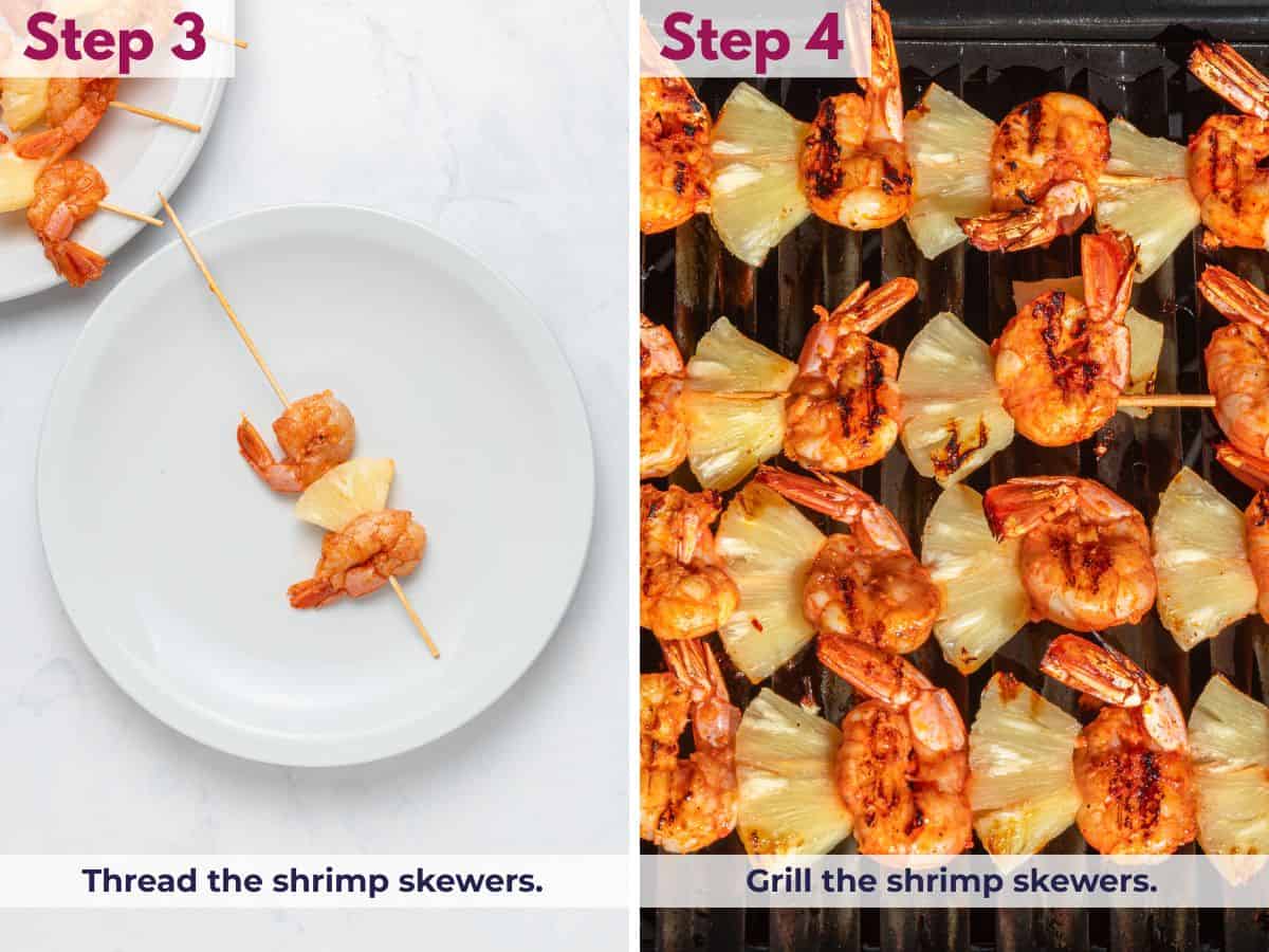 Threading marinated shrimp onto skewers, then grilling until lightly charred, juicy, and cooked through