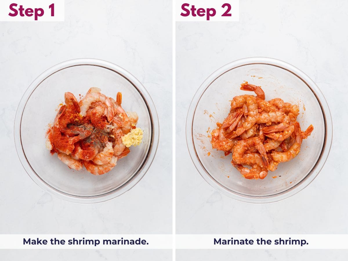 Combining shrimp with a garlic lemon marinade, then tossing to coat and marinating before threading onto skewers