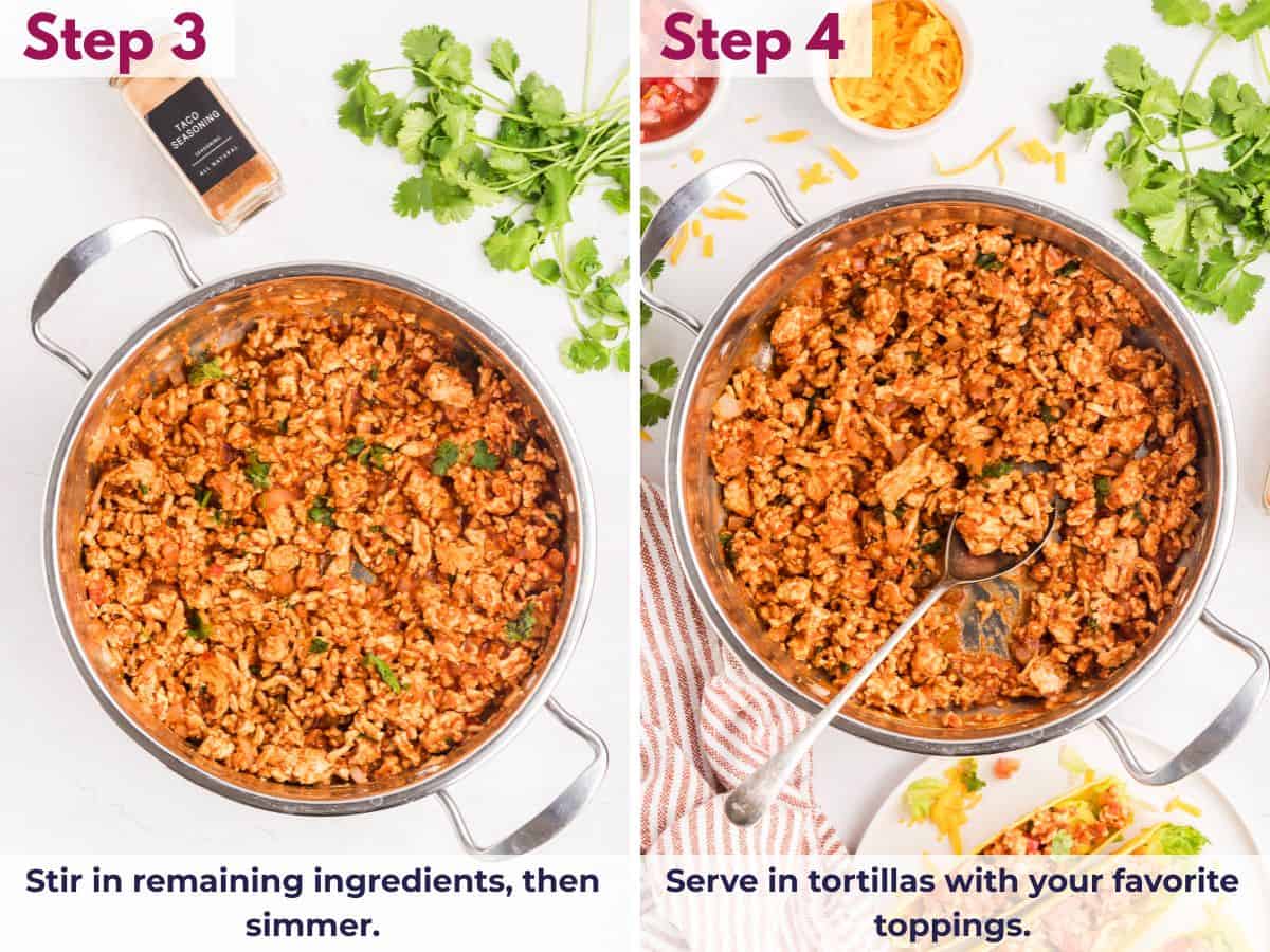 Stirring in the remaining ingredients and simmering until flavorful, then serving the ground chicken in tortillas with favorite toppings