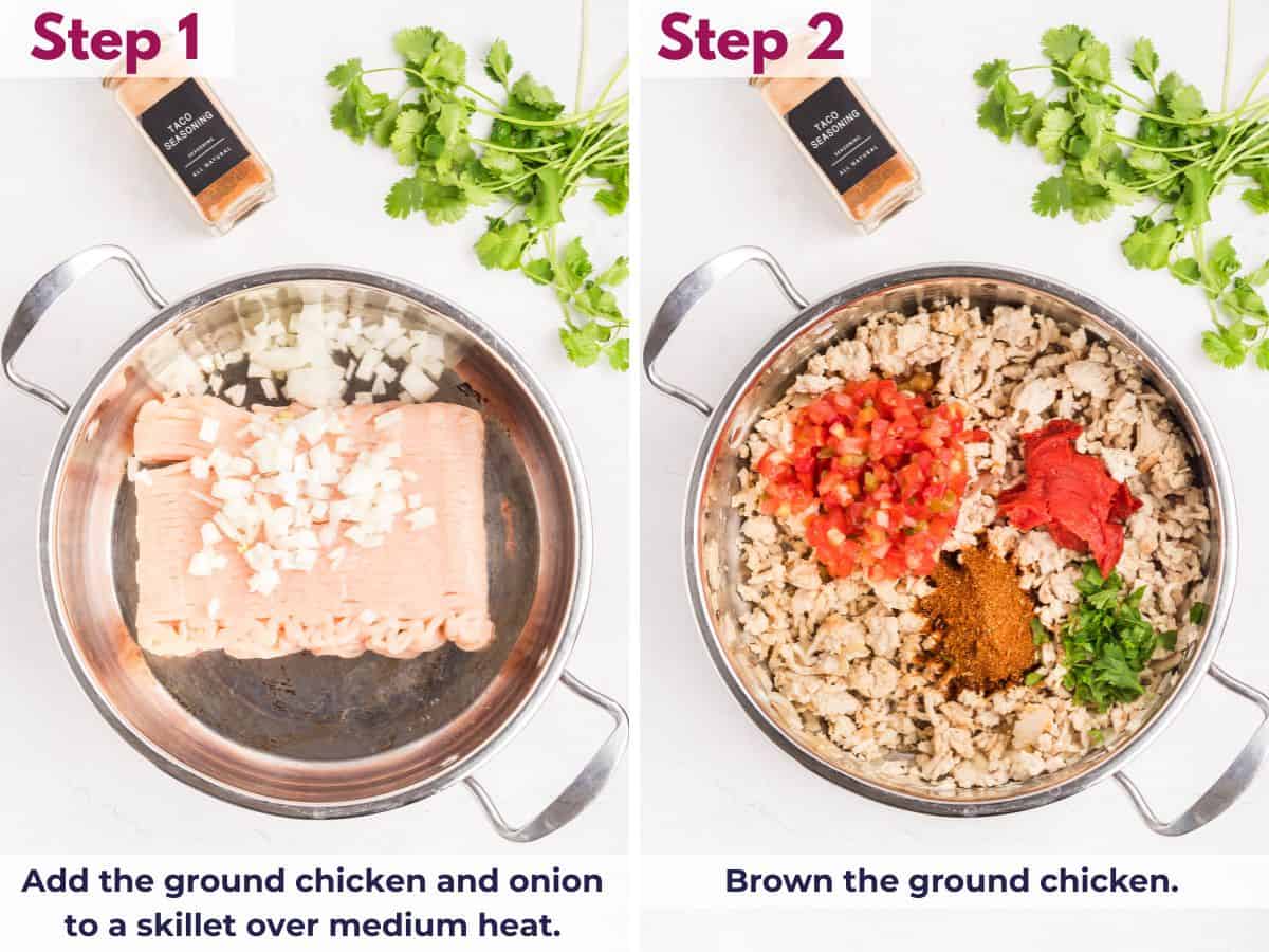 Adding ground chicken and onion to a skillet over medium heat, then cooking until the chicken is browned and fully cooked
