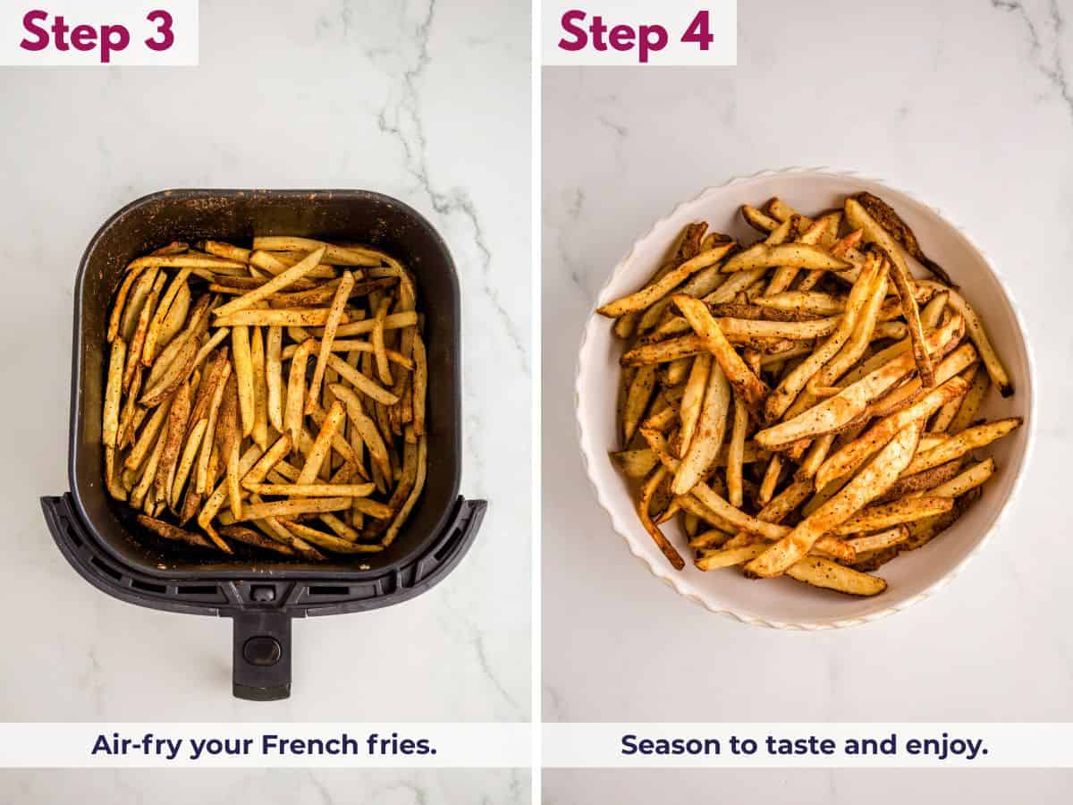 Air frying the French fries until crispy and golden, then seasoning to taste and serving hot