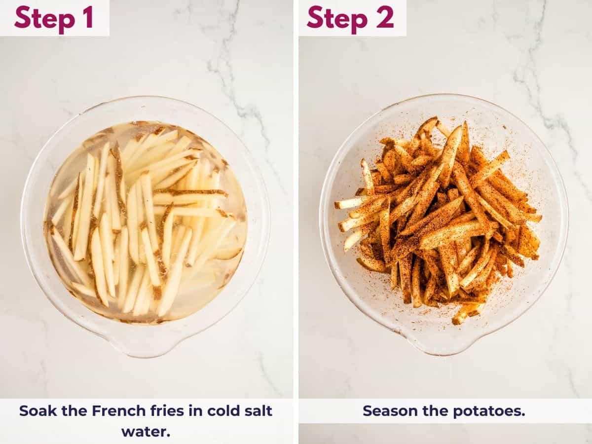 Soaking the cut potatoes in cold salted water, then draining, drying, and seasoning them before air frying