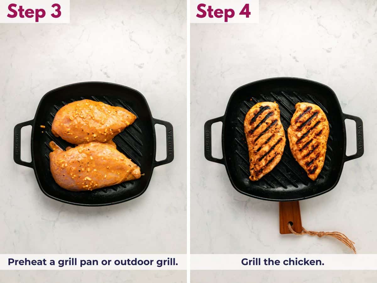 Preheating a grill pan or outdoor grill, then grilling the marinated chicken until browned and fully cooked