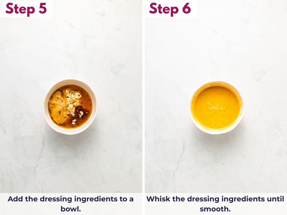 Adding the honey mustard dressing ingredients to a bowl, then whisking until smooth and creamy