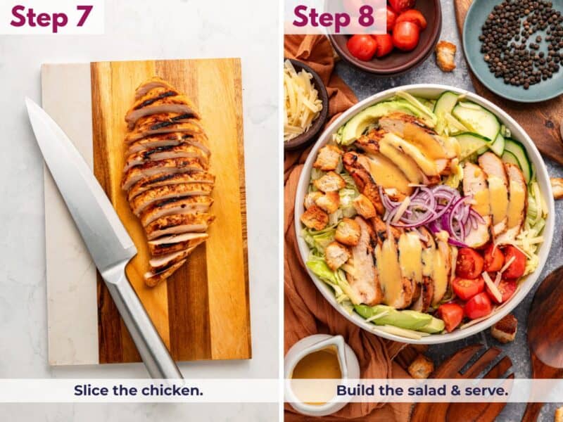 Slicing the grilled chicken, then assembling the salad with lettuce, tomatoes, cucumber, red onion, cheddar cheese, and croutons before serving
