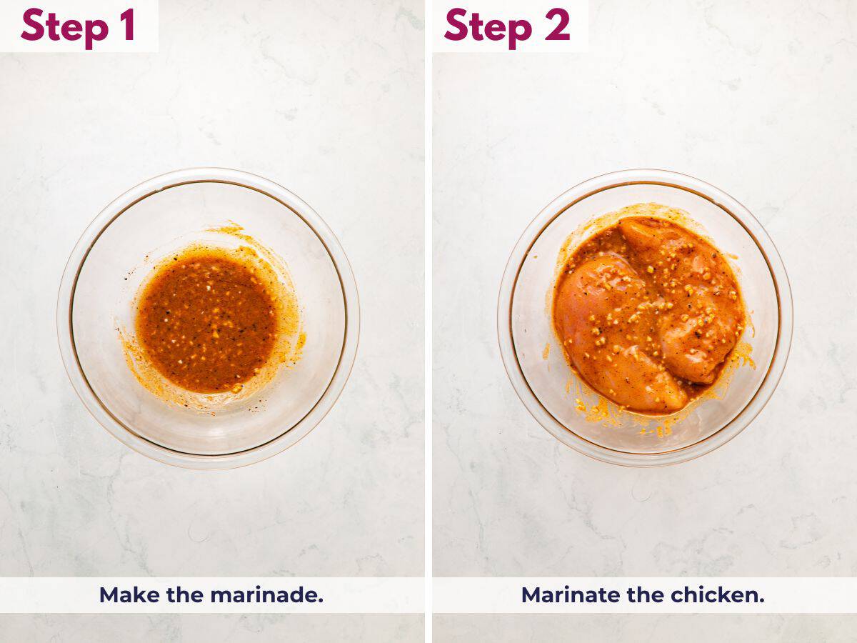 Whisking together the honey mustard marinade ingredients, then marinating the chicken until well coated and flavorful
