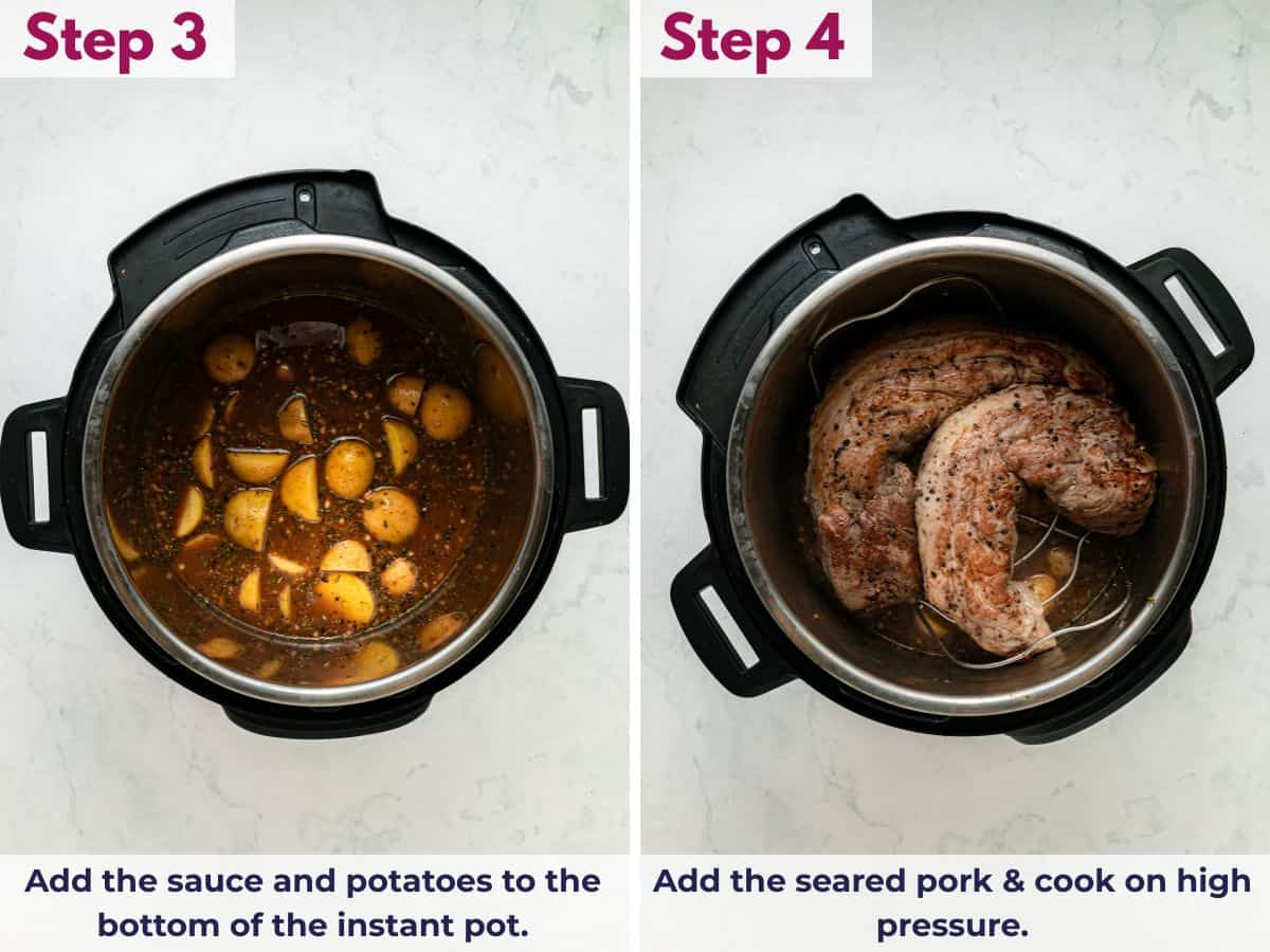 Adding the Dijon herb sauce and baby potatoes to the Instant Pot, placing the seared pork tenderloin on top, and pressure cooking until tender