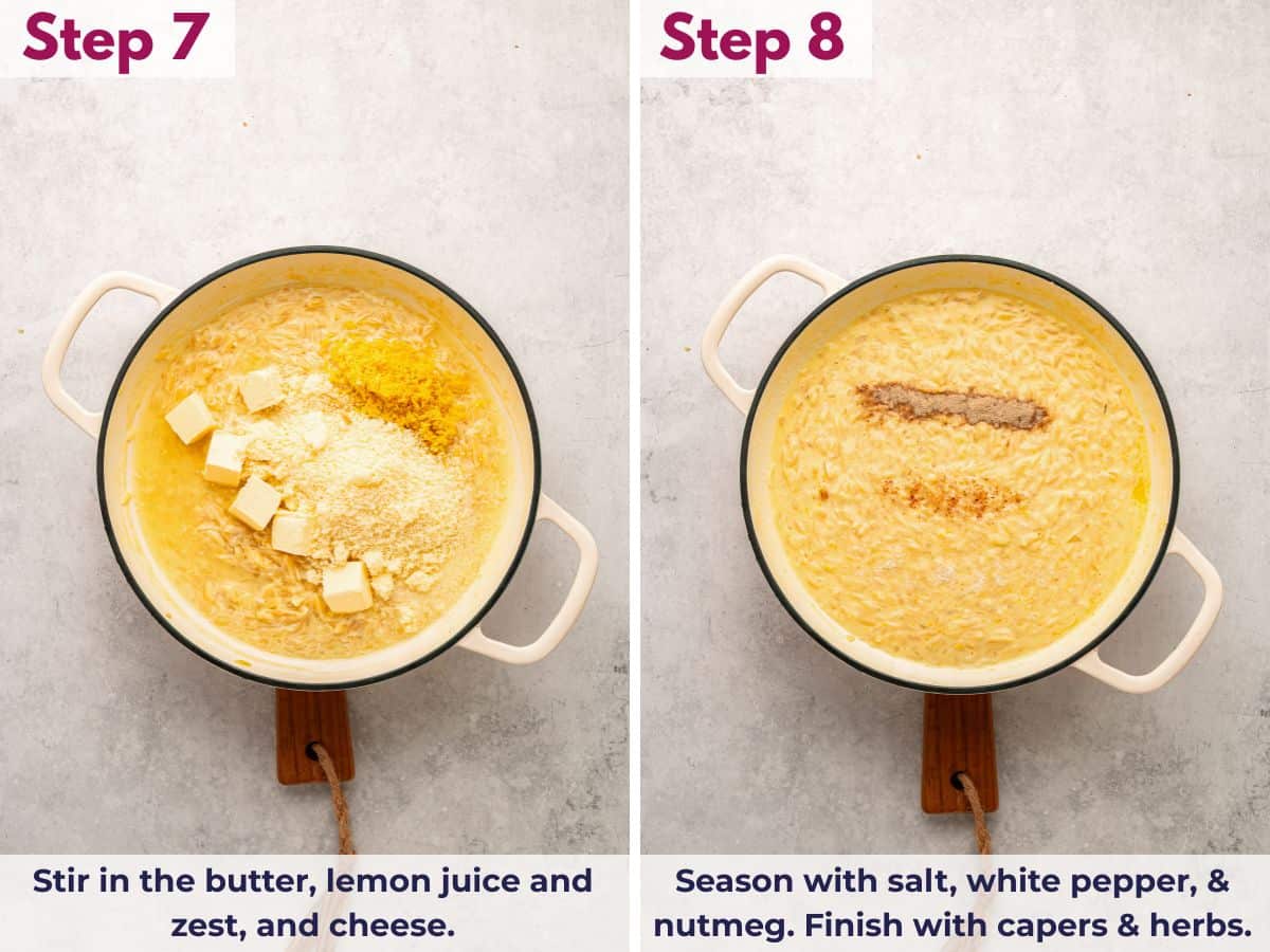 Stirring butter, lemon juice, lemon zest, and Parmesan into the creamy orzo, seasoning to taste, and finishing with crispy capers and fresh herbs