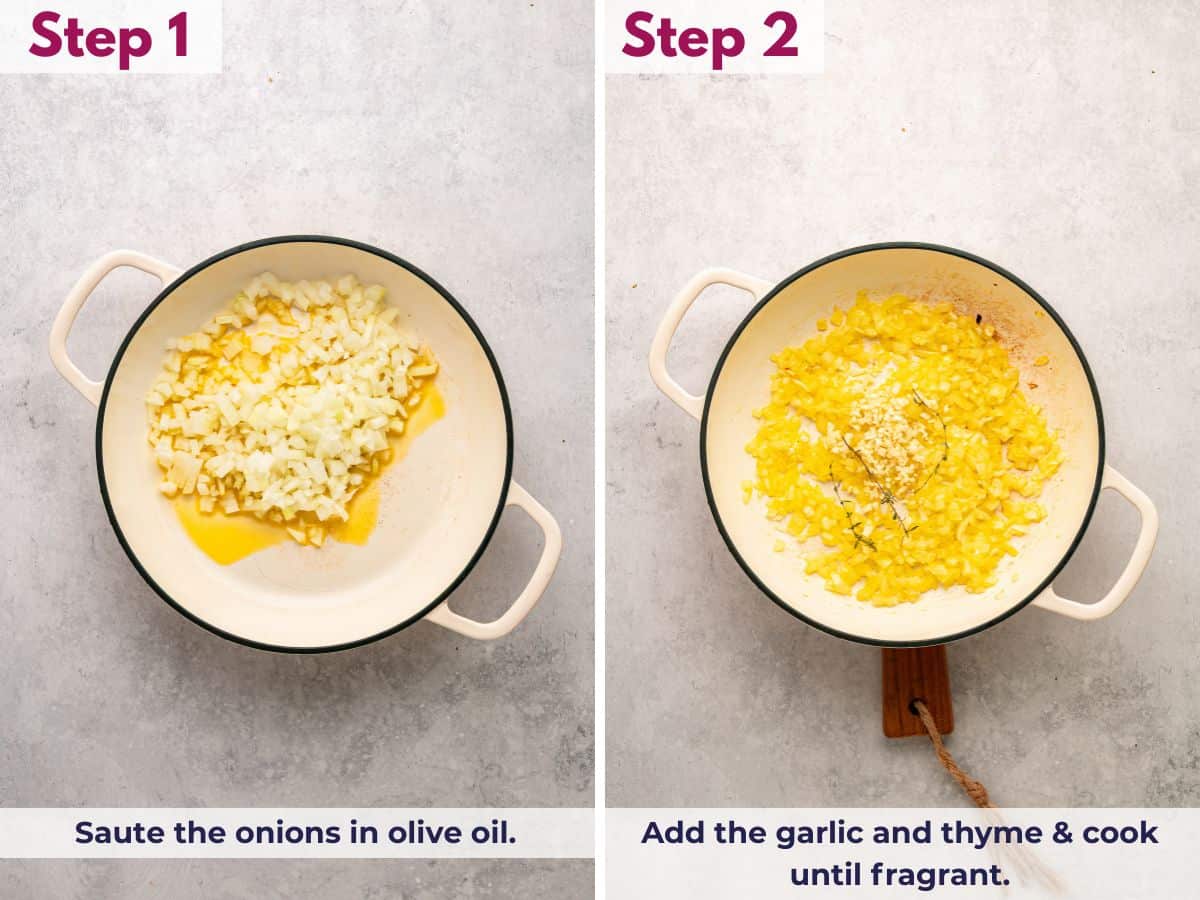 Sautéing onions in olive oil, then adding garlic and thyme and cooking until fragrant before making the lemon orzo pasta