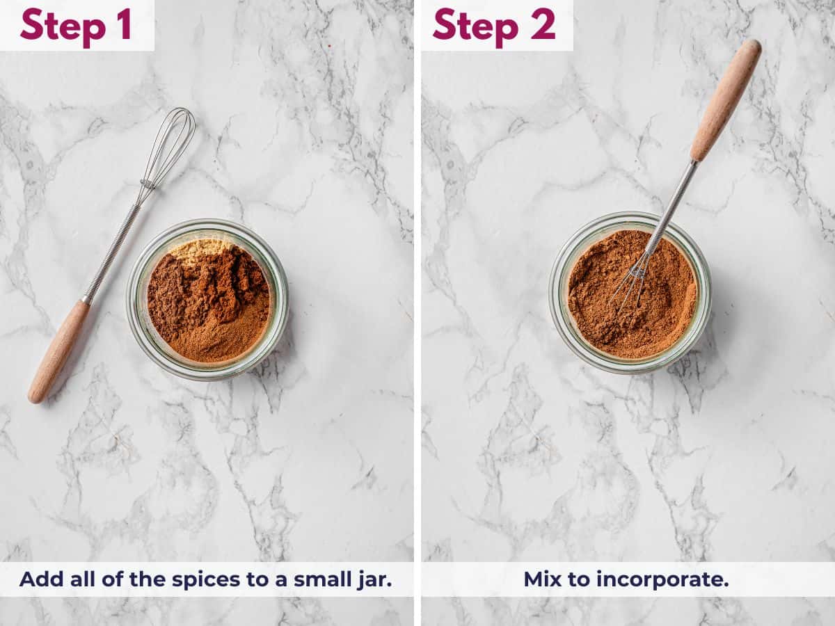 Adding all of the pumpkin pie spice ingredients to a small jar, then mixing until evenly combined into a homemade spice blend