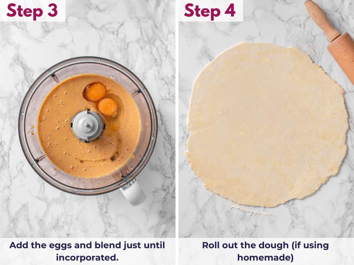 Blending the eggs into the pumpkin filling until just combined, then rolling out the pie dough for the crust