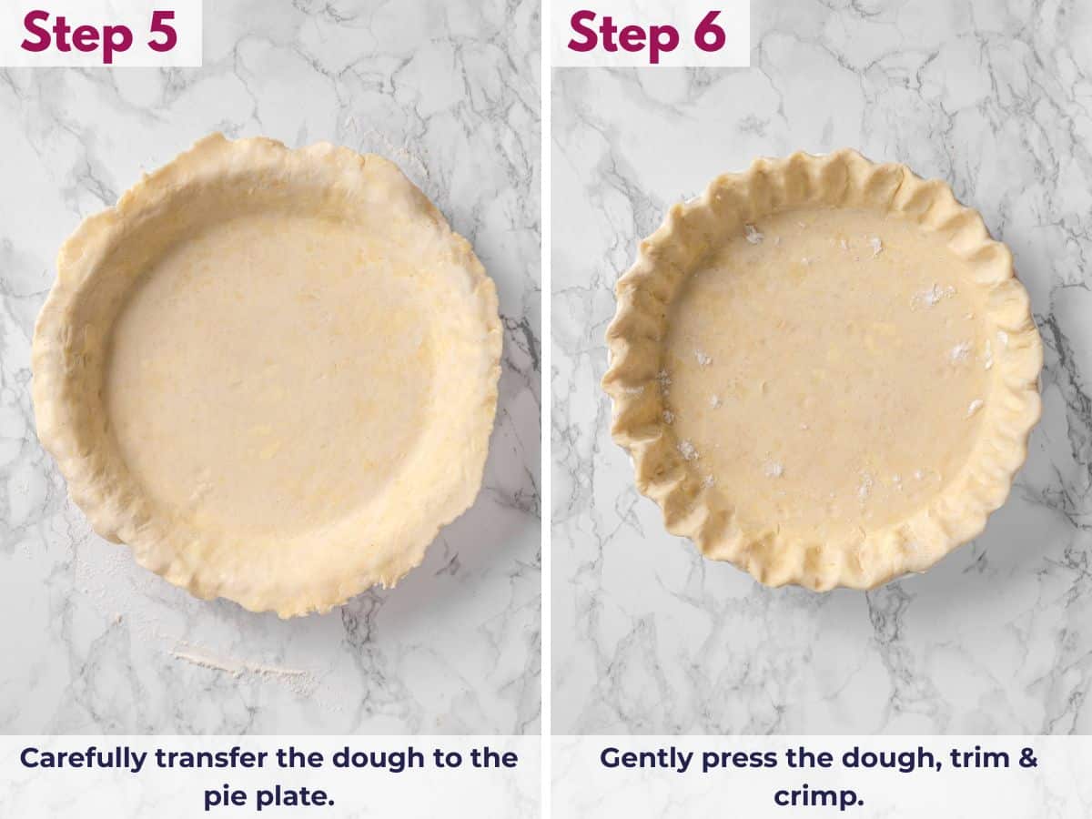 Transferring the pie dough to the pie plate, then gently pressing it into place, trimming the edges, and crimping the crust for baking