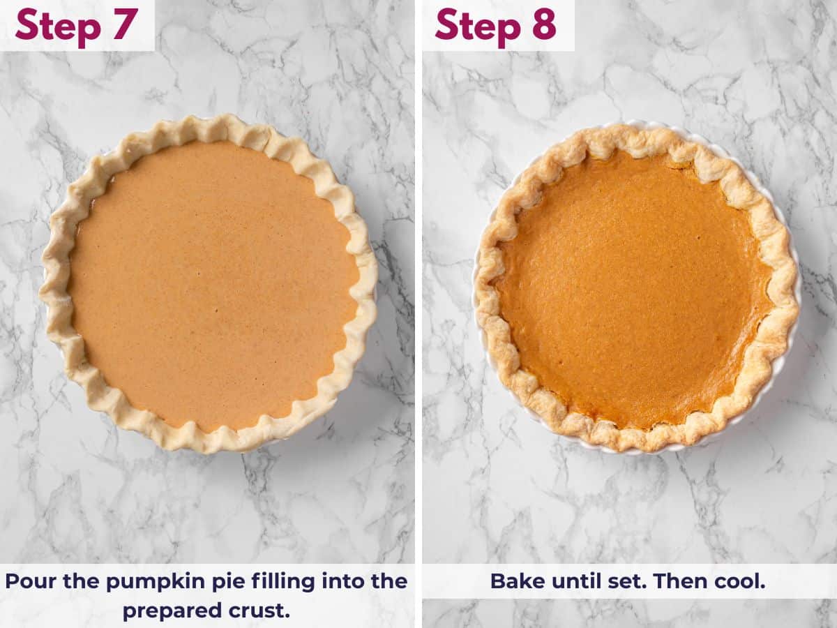 Pouring the pumpkin pie filling into the prepared crust, then baking until set and cooling completely before serving