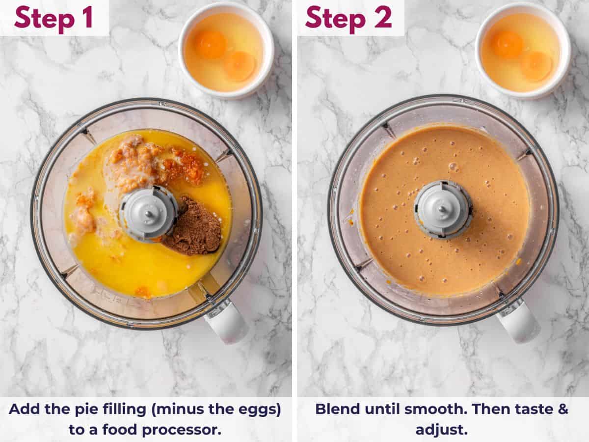 Adding the pumpkin pie filling ingredients to a food processor, then blending until smooth and adjusting the flavor before adding the eggs