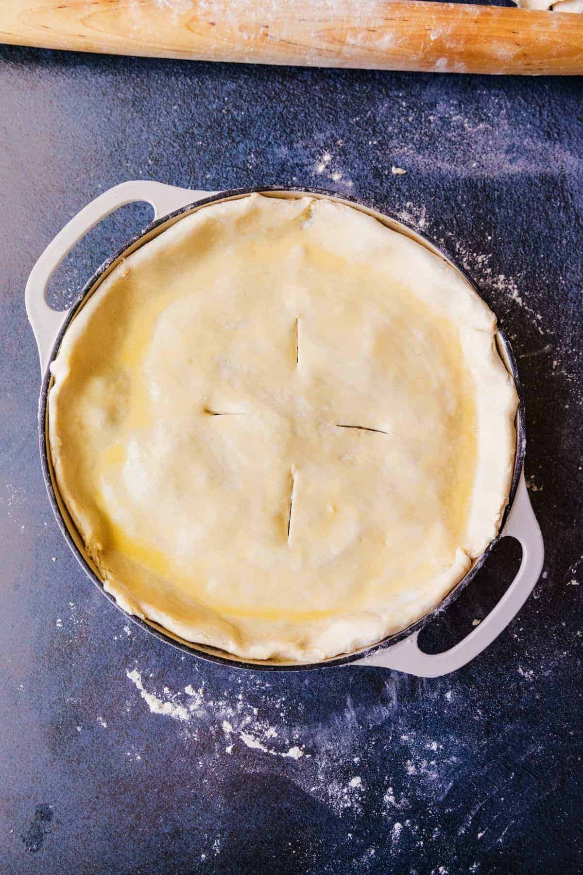 all butter pie crust used as a top crust with venting slices